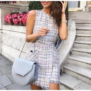 Zara Romper Skort Playsuit Womens Pink Blue Plaid Tweed Lined Fringe Casual XS